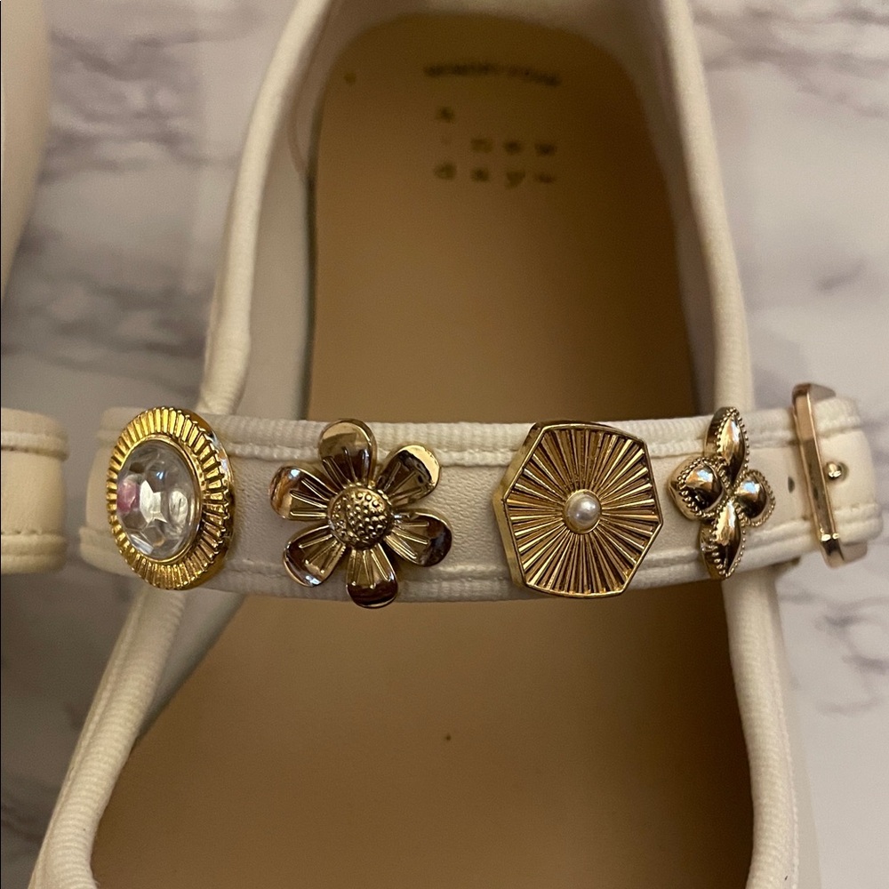 a new day Rebecca ivory Mary Jane Flats with Gold Floral Jewel Strap - Picture 5 of 5